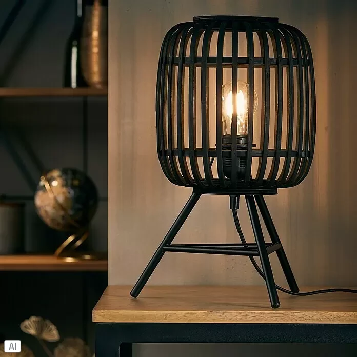 Brilliant Woodrow Tischleuchte - Schwarz, E27, 60 W - Schwarze Tischlampe aus Holzlamellen und Metall mit warmer Glühbirne, auf einer Holzoberfläche.