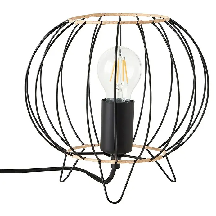 Brilliant Silemia Tischleuchte - 52 W, Schwarz, E27 - Elegante schwarze Tischlampe mit einem filigranen Metallkäfig und einem warmen Licht, das eine gemütliche Atmosphäre schafft.