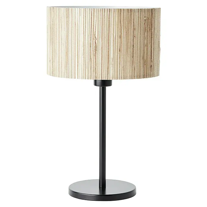 Brilliant Wimea Tischleuchte - 52 W, Schwarz, E27 - Tischleuchte mit einem Lampenschirm aus natürlichem Material und einem eleganten, schwarzen Metallfuß für eine stilvolle Beleuchtung.