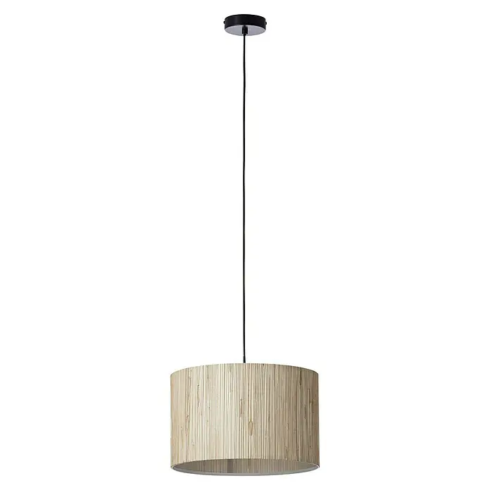 Brilliant Wimea Pendelleuchte - 52 W, Natur/Seegras, E27 - Eine Hängelampe mit einem zylindrischen Lampenschirm in heller Farbe, der von einer schwarzen Aufhängung gehalten wird.