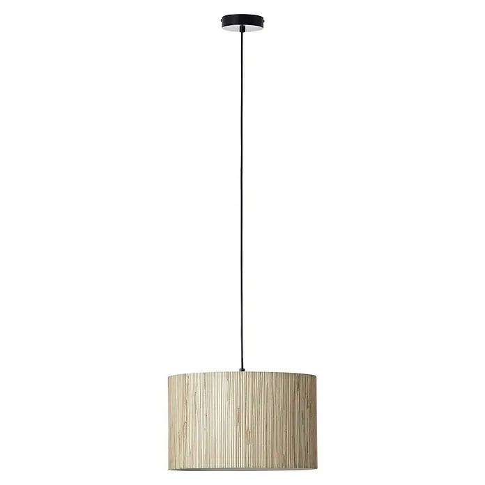 Brilliant Wimea Pendelleuchte - 52 W, Natur/Seegras, E27 - Eine Pendelleuchte mit zylindrischem Lampenschirm und schmalem, geradem Aufhängungsstab vor einem schwarzen Hintergrund.
