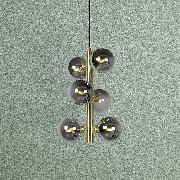 Lucide Tycho Pendelleuchte - L x B x H: 25,5 x 25,5 x 150 cm, Gold - Diese moderne Hängeleuchte verfügt über sechs rauchfarbene Glaskugeln, die an einer goldfarbenen Stange befestigt sind und ein elegantes Ambiente schaffen.
