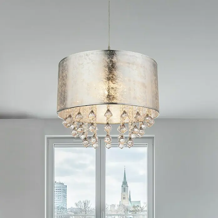 Globo Amy Pendelleuchte - Höhe: 140 cm, Silbermetallic - Elegante silberfarbene Hängeleuchte mit Kristallbehang. Perfekt für stilvolle Beleuchtung und glamouröses Ambiente im Raum.