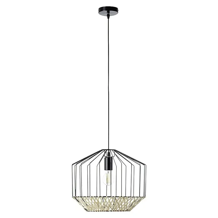 Brilliant Pendelleuchte Templo - 40 W, Schwarz, E27 - Elegante Pendelleuchte mit schwarzem Metallgestell und dekorativem Rattan-Akzent, ideal für stilvolle Innenräume.
