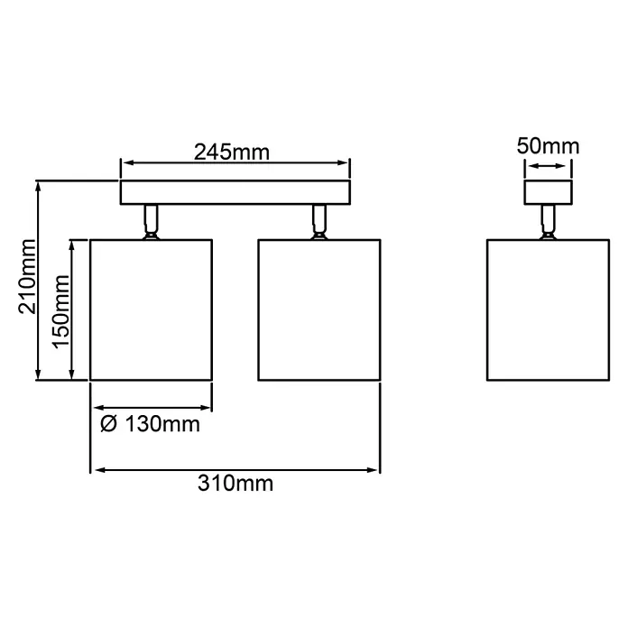 Brilliant Wiley Deckenstrahler - 42 W, L x B x H: 13 x 31 x 21 cm, Schwarz, E14, 2 Stk. - Schematische Zeichnung einer Deckenleuchte mit zwei quadratischen Lampenschirmen und Abmessungen.
