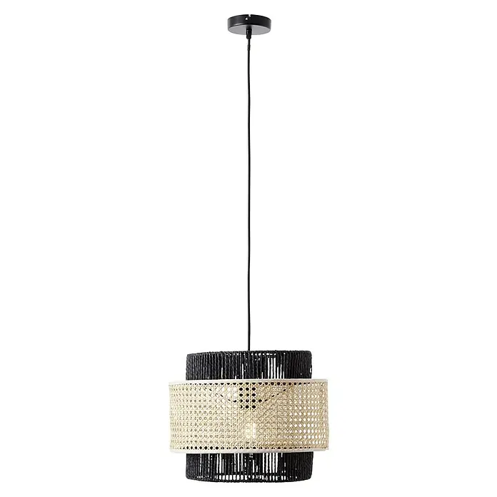 Brilliant Pendelleuchte Arles - 40 W, Schwarz, E27 - Elegante Hängeleuchte mit schwarzem Seil und natürlichem Rattanschirm. Perfekt für stilvolle Innenräume und atmosphärische Beleuchtung.