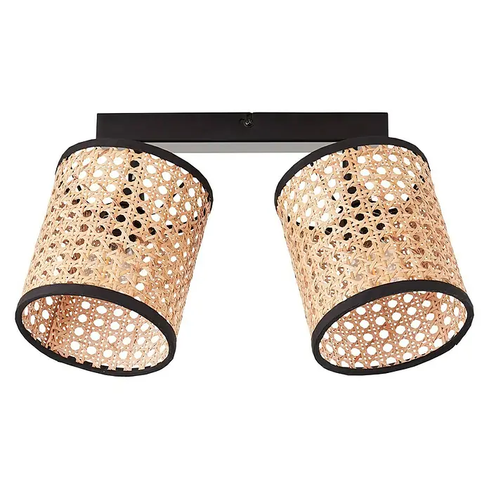 Brilliant Wiley Deckenstrahler - 42 W, L x B x H: 13 x 31 x 21 cm, Schwarz, E14, 2 Stk. - Nahaufnahme einer Deckenleuchte mit zwei Lampenschirmen aus Rattan, die ein warmes, einladendes Licht verbreitet. Elegantes Design für jeden Raum.
