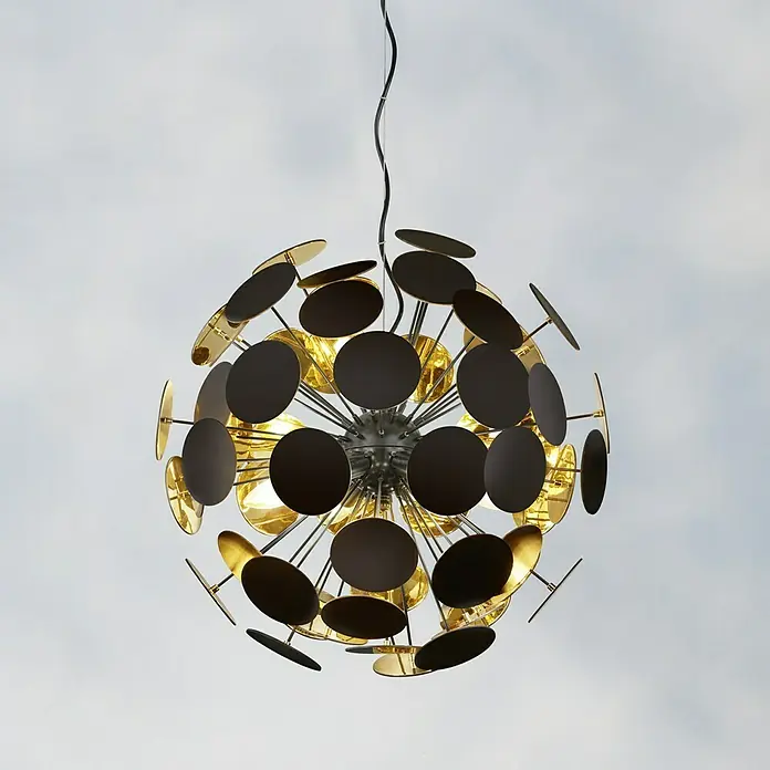 Reality Leuchten Pendelleuchte rund Discalgo40 W, Ø x H: 54 x 150 cm, Schwarz, Gold, E14 - Moderne Pendelleuchte mit schwarzen und goldenen Scheiben, die ein elegantes, sphärisches Design erzeugen.