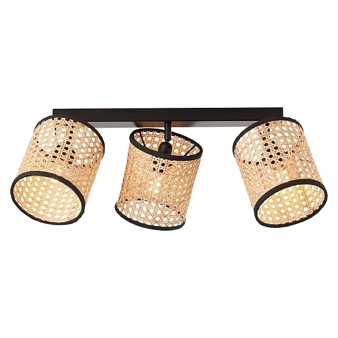 Brilliant Wiley Deckenstrahler - 42 W, L x B x H: 13 x 49 x 21 cm, Schwarz, E14, 3 Stk. - Eine Deckenleuchte mit drei Lampenschirmen aus Rattan und schwarzem Rand auf einer dunklen Basis.