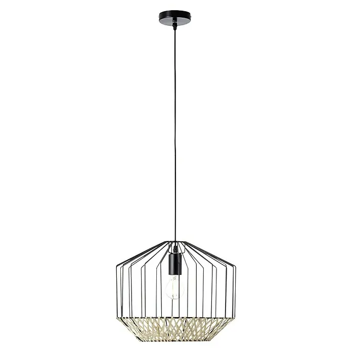 Brilliant Pendelleuchte Templo - 40 W, Schwarz, E27 - Elegante Hängeleuchte mit einem schwarzen Metallkäfig und einer dekorativen, gewebten Basis, die ein warmes, einladendes Licht verbreitet.