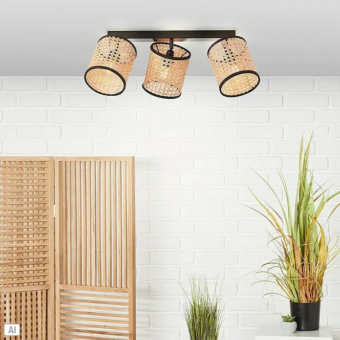 Brilliant Wiley Deckenstrahler - 42 W, L x B x H: 13 x 49 x 21 cm, Schwarz, E14, 3 Stk. - Deckenleuchte mit drei zylinderförmigen Lampenschirmen aus Rattan, die an einer schwarzen Halterung befestigt sind, für stilvolle Beleuchtung.