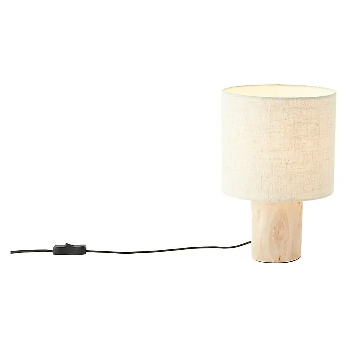 Brilliant Pia Tischleuchte - 40 W, Holz, E27 - Elegante Tischleuchte mit einem zylindrischen Lampenschirm aus Leinen und einem hellen Holzfuß, ideal für Nachttische oder Schreibtische.
