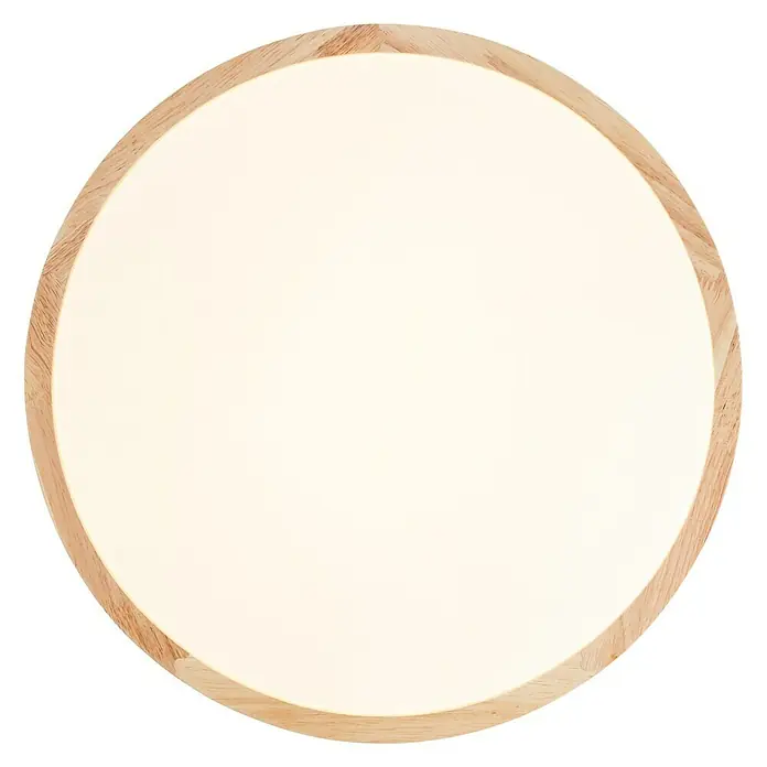 Brilliant LED-Deckenleuchte rund Laskos - 22 W, Ø x H: 38 x 9 cm, Weiß, Warmweiß - Eine kreisförmige LED-Deckenleuchte mit einem hellen Paneel, umgeben von einem Holzrahmen, bietet eine elegante und natürliche Beleuchtungslösung.