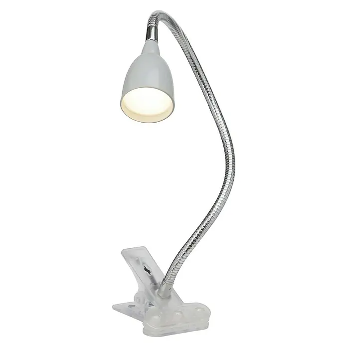 Brilliant LED-Klemmleuchte Anthony - 2,4 W, Silber, Lichtfarbe: Warmweiß - Nahaufnahme einer modernen, grauen Klemmleuchte mit flexiblem Chromarm und warmem Licht, ideal für Schreibtische.
