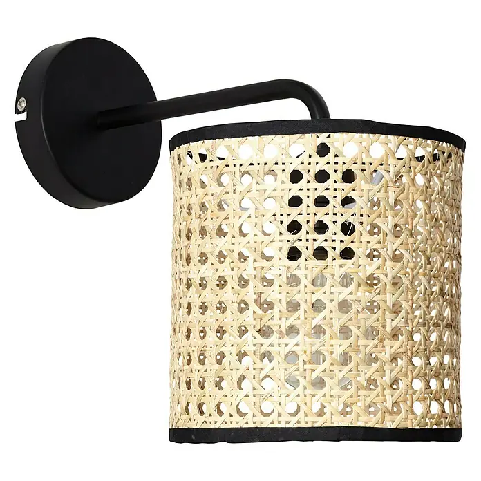 Brilliant Wiley Wandleuchte - 60 W, L x B x H: 29 x 16,5 x 25 cm, Schwarz, E27 - Elegante Wandleuchte mit schwarzer Halterung und einem Lampenschirm aus Rattan, die ein warmes, natürliches Licht erzeugt.