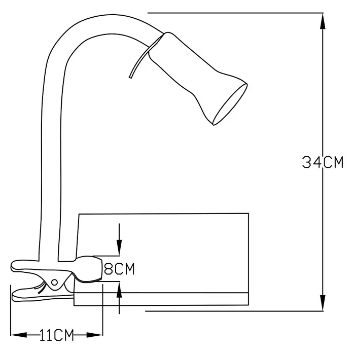 Brilliant Klemmleuchte Flex - 40 W, Farbe Gehäuse: Weiß - Abbildung einer Klemmleuchte mit den Maßen 34cm Höhe, 11cm Länge des Clips und 8cm Höhe des Sockels.