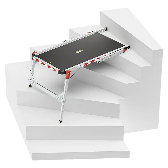Hailo Treppenpodest TP Plus - Belastbarkeit: 160 kg, Aluminium - Eine vielseitige, verstellbare Arbeitsbühne, die sicher auf Treppen steht, ideal für Renovierungs- und Wartungsarbeiten in verschiedenen Höhen.