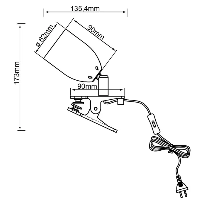 Brilliant LED-Klemmleuchte Leo - 3 W, Weiß, Lichtfarbe: Warmweiß - Technische Zeichnung einer Klemmleuchte mit den Maßen 173mm Höhe, 135,4mm Breite und einem Lampenschirmdurchmesser von 62mm.