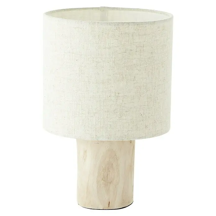 Brilliant Pia Tischleuchte - 40 W, Holz, E27 - Elegante Tischleuchte mit einem zylindrischen Lampenschirm aus Leinen und einem Sockel aus hellem Holz für eine warme Atmosphäre.