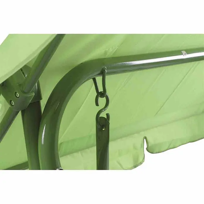 Siena Garden Froggy Hollywoodschaukel für Kinder - L x B x H: 180 x 78 x 110 cm - Nahaufnahme einer grünen Hollywoodschaukel mit Hakenaufhängung und Stoffdach.