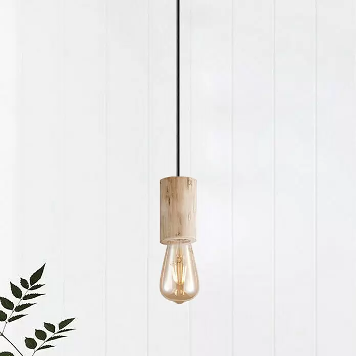 Home Sweet Home Pendelleuchte rund Billy - Ø x H: 100 mm x 116 cm - Pendelleuchte mit zylindrischem Naturholzgehäuse und Vintage-Edison-Glühbirne, an einem schwarzen Kabel hängend.