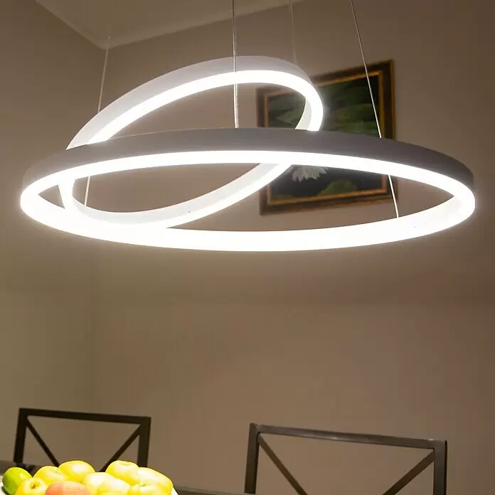 Direct Signs LED-Pendelleuchte Noble - Höhe: 150 cm, Weiß, Durchmesser: 600 mm - Moderne weiße LED-Hängeleuchte mit zwei ineinandergreifenden Ringen, beleuchtet einen Raum.