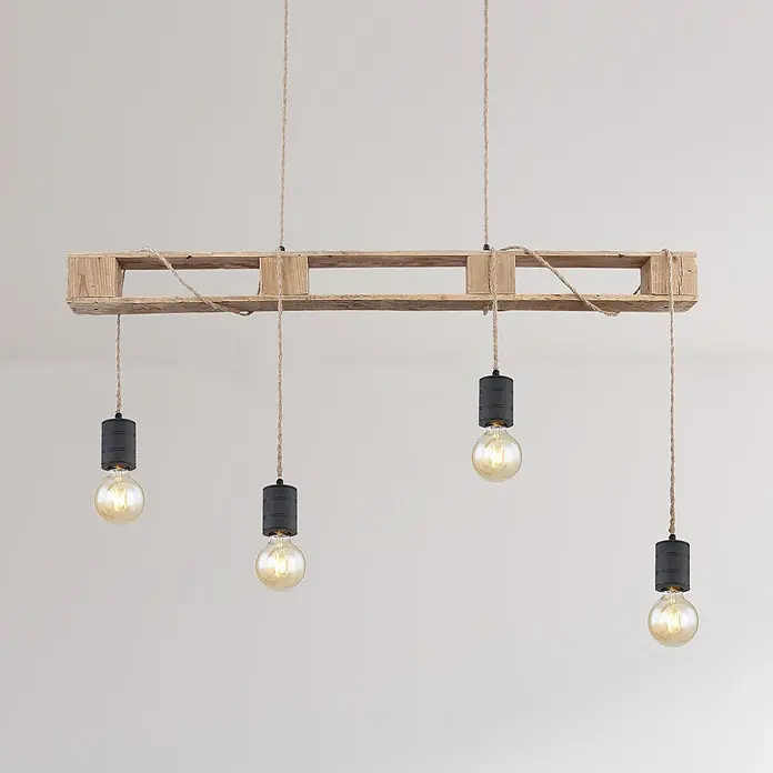 Globo Pendelleuchte Joelle - Höhe: 120 cm - Hängelampe aus Holzpalette mit vier Glühbirnen an Seilen. Rustikales Design für eine stimmungsvolle Beleuchtung im Raum.