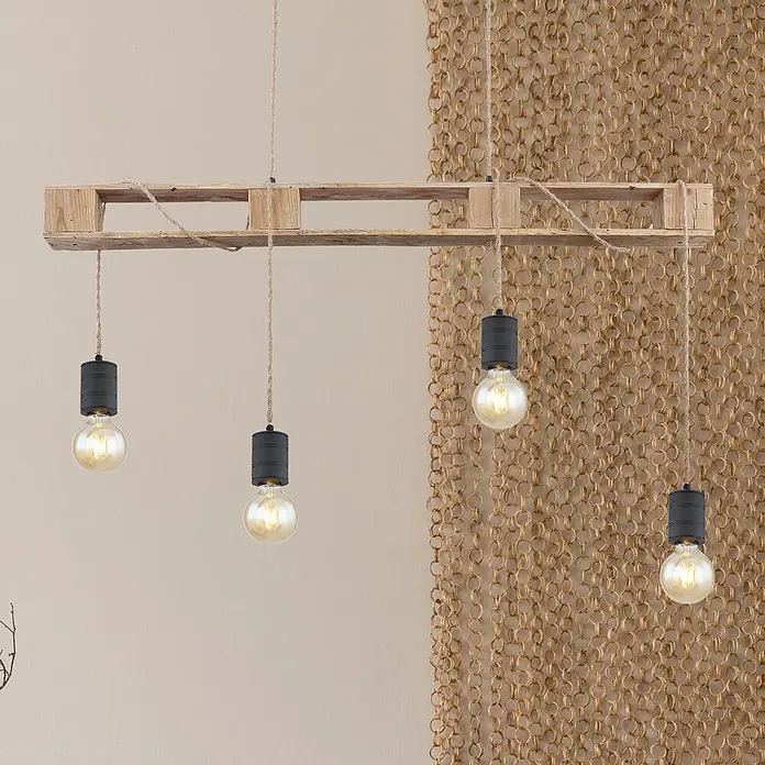 Globo Lámpara colgante Joelle - Altura: 120 cm - Lámpara colgante decorativa con palet de madera y cuatro bombillas, que emite una luz cálida y acogedora con un toque rústico.