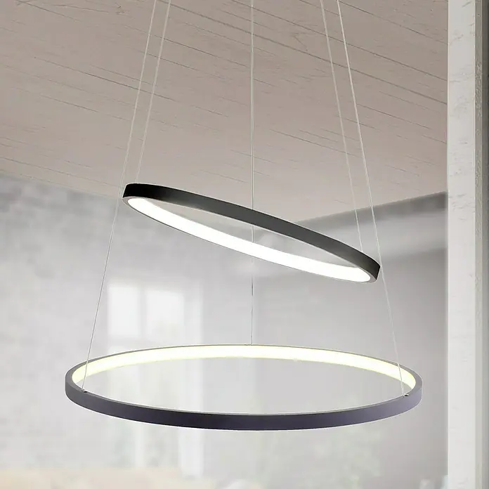 Just Light Lámpara colgante LED redonda Circle - L x An x Al: 50 x 50 x 120 cm - Lámpara colgante LED moderna con dos anillos en gris, que emite una luz cálida y brillante para crear un ambiente elegante.