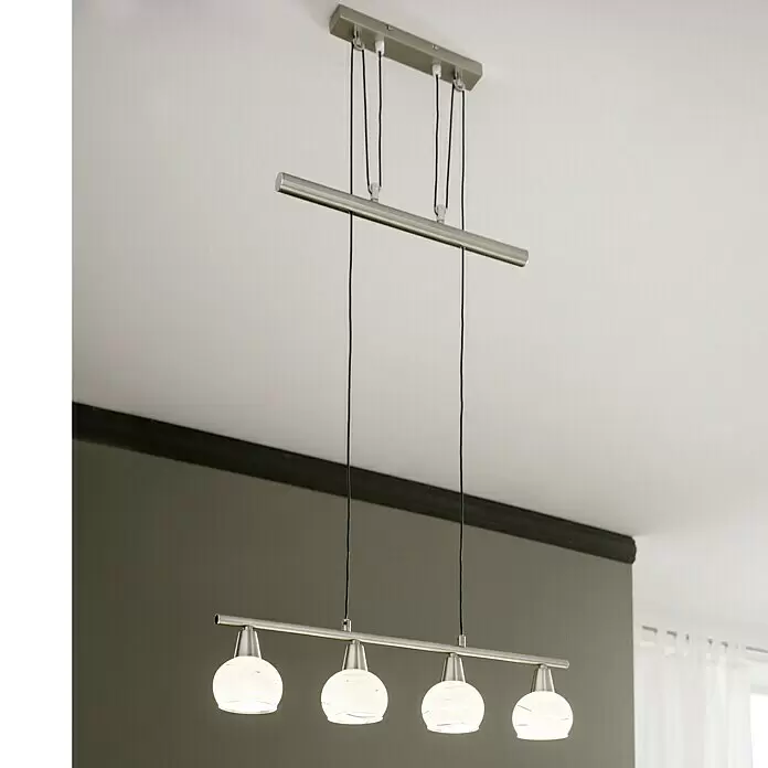 Globo Elliott Lámpara colgante LED - Blanco cálido, Altura: 160 cm - Lámpara de techo lineal de metal cepillado con cuatro globos de cristal esmerilado iluminados.