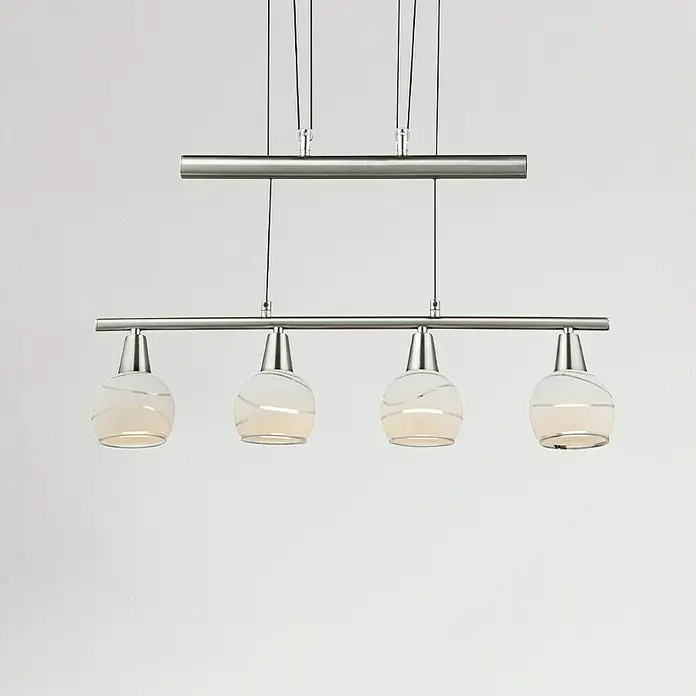 Globo Elliott LED-Pendelleuchte - Warmweiß, Höhe: 160 cm - Modern gestaltete Hängelampe mit vier kugelförmigen Lampenschirmen und silberner Aufhängung für stilvolle Beleuchtung.