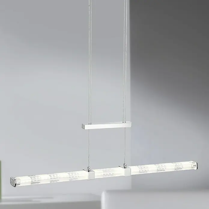 LED-Pendelleuchte Kanika - Warmweiß - Moderne LED-Hängeleuchte mit kristallartigen Elementen und Chromakzenten, die ein helles und elegantes Ambiente schafft.