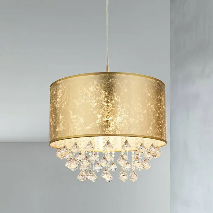 Globo Amy Lámpara colgante Amy I - Altura: 140 cm, Oro, Níquel mate, Transparente - Lámpara colgante dorada con cristales brillantes que crean un ambiente elegante. Perfecta para sala de estar o comedor.