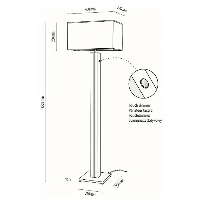 Britop Lighting Flame Stehleuchte - 60 W, Höhe: 155 cm, Eiche, Beige, E27 - Produktbild einer Stehlampe mit rechteckigem Lampenschirm und Touchdimmer, Maße sind in Millimetern angegeben.