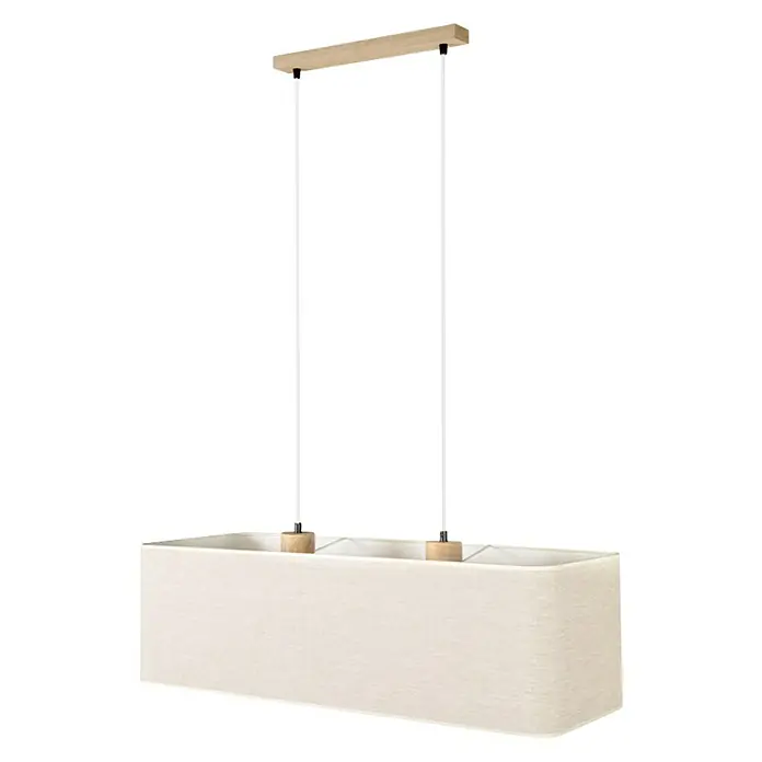 Britop Lighting Boho Pendelleuchte - 40 W, L x B x H: 80 x 30 x 125 cm, Beige, Eiche, E27 - Eine rechteckige Hängelampe mit einem Stoffschirm und Holzdetails, die ein warmes und einladendes Licht erzeugt.