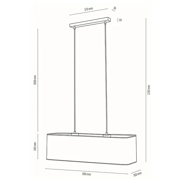 Britop Lighting Boho Pendelleuchte - 40 W, L x B x H: 80 x 30 x 125 cm, Beige, Eiche, E27 - Schema der Hängeleuchte mit rechteckigem Lampenschirm und Befestigungsdetails, einschließlich Höhen- und Breitenangaben in Millimetern.