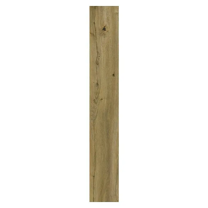 Decolife Vinylboden Comfort - Rustic Oak, Landhausdiele, 1.220 x 185 x 10,5 mm - Ein einzelnes, längliches Paneel mit einem realistischen Holzmaserungsmuster in warmen Brauntönen für Bodenbeläge oder Wandverkleidungen.