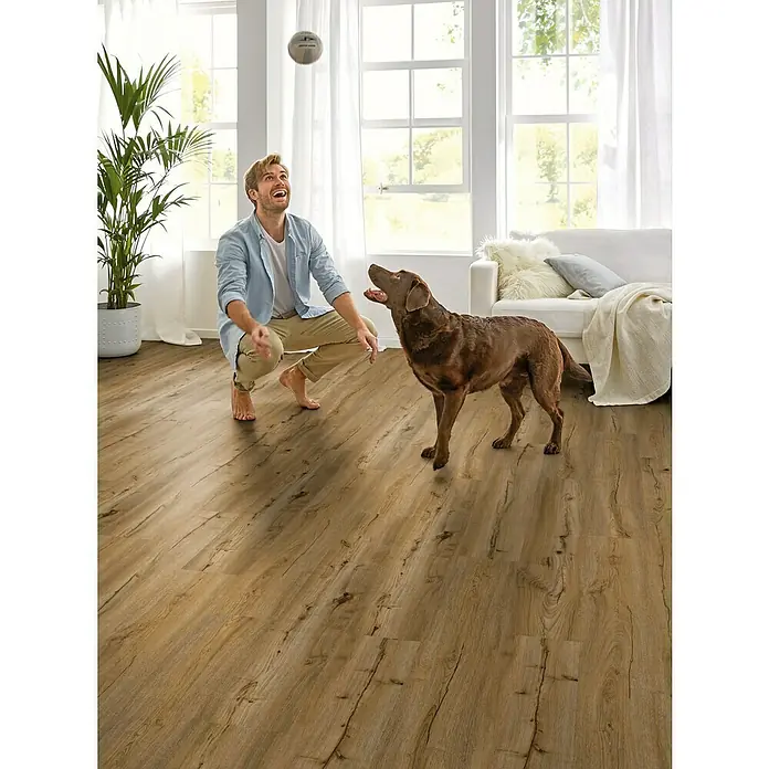 Decolife Vinylboden Comfort - Rustic Oak, Landhausdiele, 1.220 x 185 x 10,5 mm - Ein Mann spielt mit seinem Hund auf einem wunderschönen Holzboden. Der Boden ist der Star und verleiht dem Raum Wärme und Charakter.