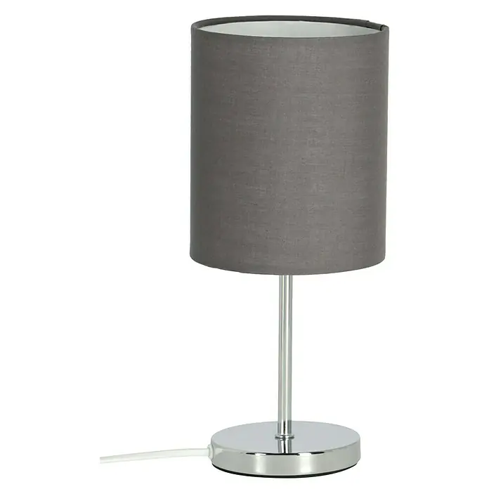Reality Leuchten Tischleuchte rund Jerry - 40 W, Ø x H: 130 mm x 28,5 cm, Chrom, E14 - Eine moderne Tischleuchte mit einem grauen Lampenschirm und einem schlanken, verchromten Fuß, ideal für Nachttische oder Schreibtische.