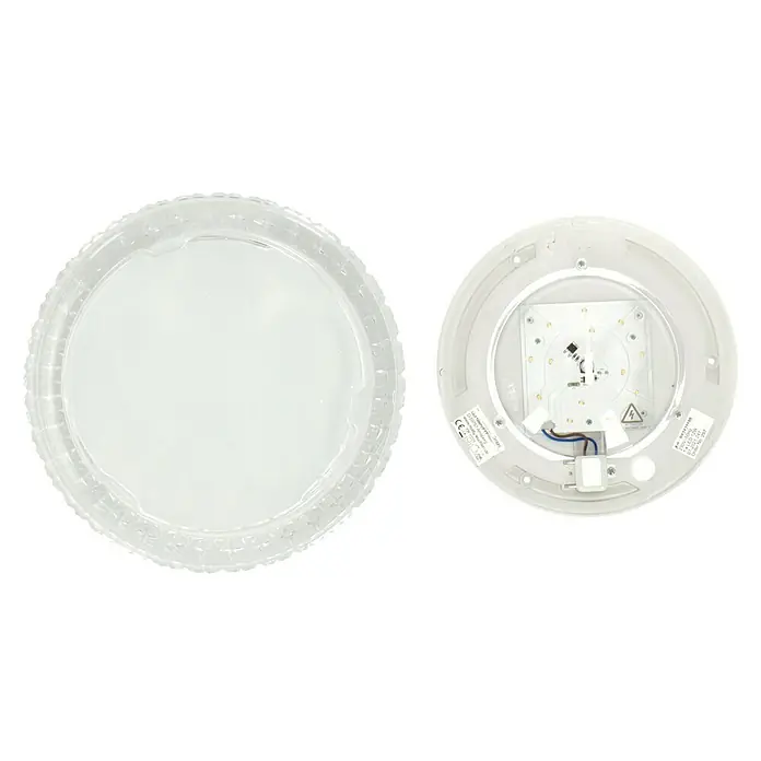 Reality Leuchten LED-Deckenleuchte rund Pegasus - 12 W, Ø x H: 286 mm x 8,6 cm, Weiß - Eine runde Deckenleuchte mit einer geriffelten, klaren Abdeckung und einem weißen Sockel. Das Produkt ist für den Innenbereich geeignet.