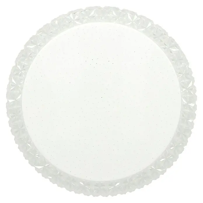 Reality Leuchten LED-Deckenleuchte rund Pegasus - 12 W, Ø x H: 286 mm x 8,6 cm, Weiß - Eine Nahaufnahme einer runden, weißen Deckenleuchte mit einem dekorativen, transparenten Rand. Das Licht ist gleichmäßig und hell.