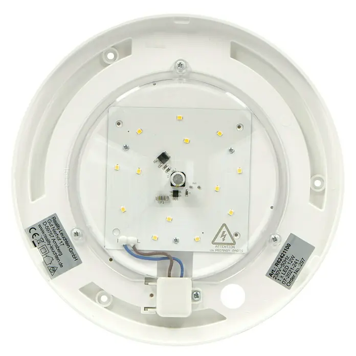 Reality Leuchten LED-Deckenleuchte rund Pegasus - 12 W, Ø x H: 286 mm x 8,6 cm, Weiß - Nahaufnahme der Rückseite einer Reality Leuchten LED-Deckenleuchte mit technischen Details und Warnhinweisen.