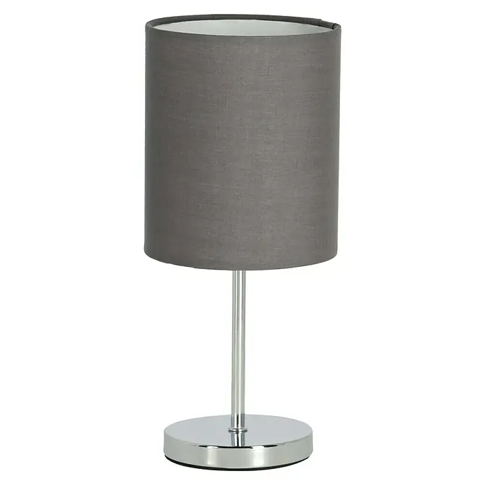 Reality Leuchten Tischleuchte rund Jerry - 40 W, Ø x H: 130 mm x 28,5 cm, Chrom, E14 - Elegante Tischleuchte mit grauem Lampenschirm und verchromtem Sockel, perfekt für Nachttische oder als stilvolle Akzentbeleuchtung.