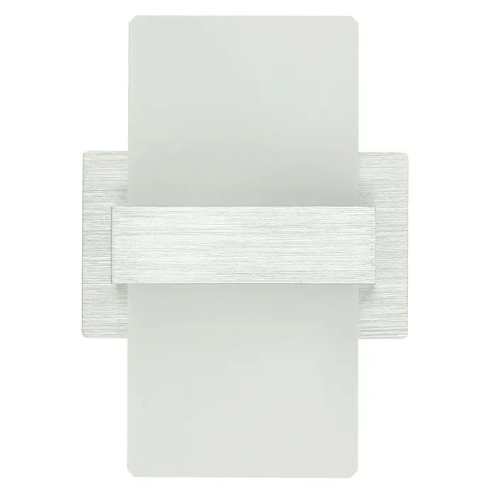 Reality Leuchten LED-Wandleuchte Platon - 4 W, L x B x H: 9 x 13 x 18 cm, Aluminium, Warmweiß - Nahaufnahme einer modernen Wandleuchte mit rechteckigen Schirmen und gebürstetem Metallrahmen. Elegantes Design für stimmungsvolle Beleuchtung.