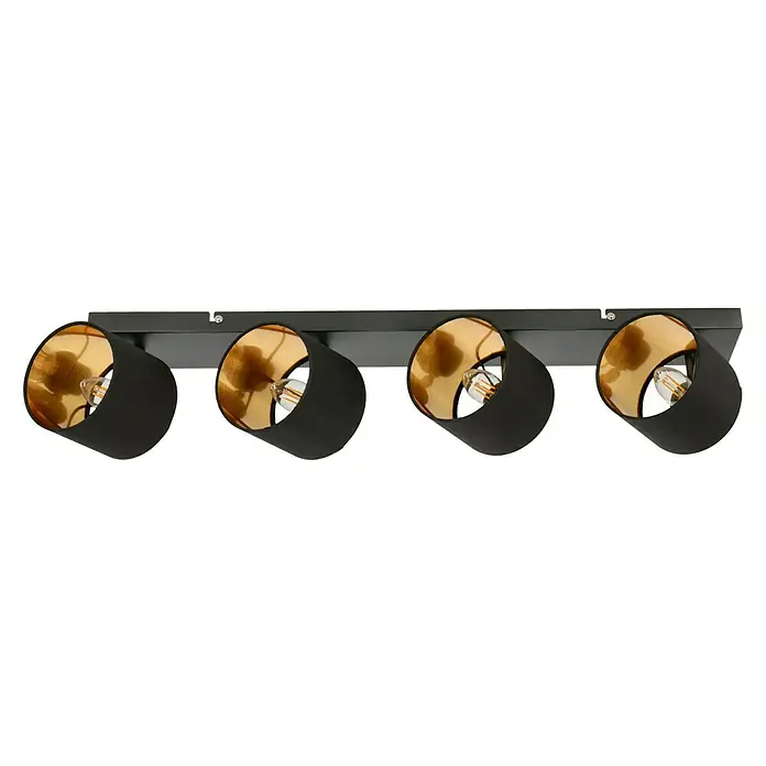 Reality Leuchten Tommy Deckenstrahler - 28 W, Höhe: 19 cm, Schwarz, E14, 4 Stk. - Schwarze Deckenleuchte mit vier goldenen Strahlern. Die moderne Lampe sorgt für eine stimmungsvolle Beleuchtung im Raum.
