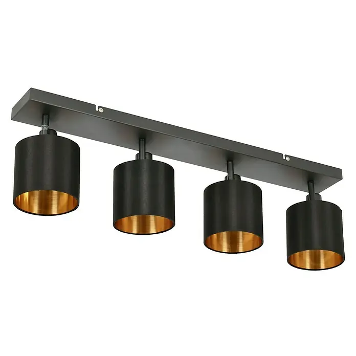 Reality Leuchten Tommy Deckenstrahler - 28 W, Höhe: 19 cm, Schwarz, E14, 4 Stk. - Moderne Deckenleuchte mit vier zylindrischen Lampenschirmen in Schwarz und Gold für eine stilvolle Beleuchtung im Raum.