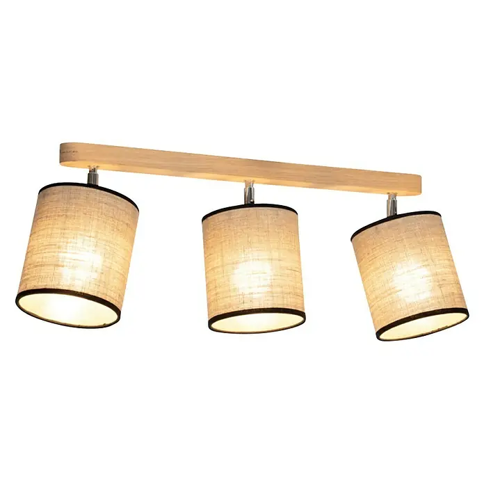 Britop Lighting Linoir Deckenstrahler - 25 W, L x B x H: 67 x 13 x 25 cm, Schwarz, E27, 3 Stk. - Eine Deckenleuchte mit drei zylindrischen Lampenschirmen aus beigem Stoff, die an einer Holzleiste befestigt sind.