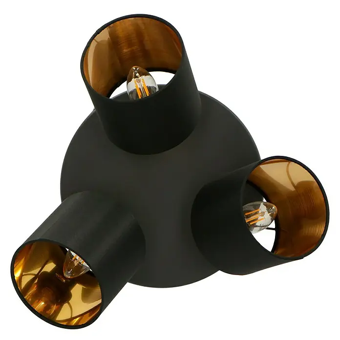 Reality Leuchten Tommy Deckenstrahler - 28 W, Höhe: 19 cm, Schwarz, E14, 3 Stk. - Moderne, schwarze Deckenleuchte mit drei goldenen Lampenschirmen, die ein warmes, einladendes Licht verbreitet. Ein stilvolles Highlight für jeden Raum.