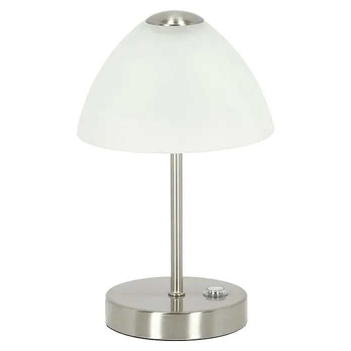 Reality Leuchten LED-Tischleuchte rund Queen - 2 W, Ø x H: 150 mm x 24 cm, Nickel - Nahaufnahme einer stilvollen Nachttischlampe mit rundem, silberfarbenem Fuß und weißem Lampenschirm.