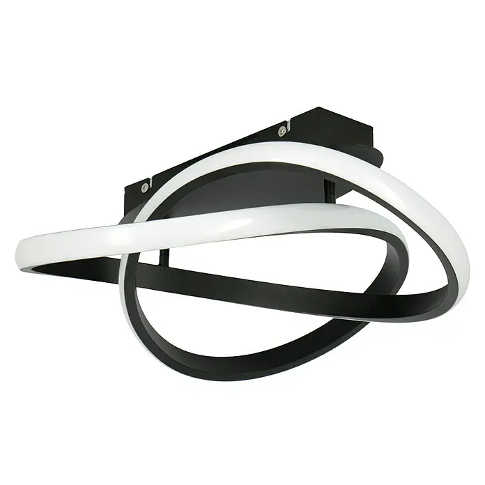 Reality Leuchten Course LED-Deckenleuchte - 18 W, Schwarz, Warmweiß - Nahaufnahme einer modernen LED-Deckenleuchte mit verschlungenen weißen und schwarzen Ringen auf schwarzem Hintergrund.